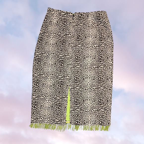 Vtg Bliss 90s Y2k Leopard Cheetah Funky Neon Green Beaded Fringe Midi Skirt Sz 4 - Picture 4 of 4
